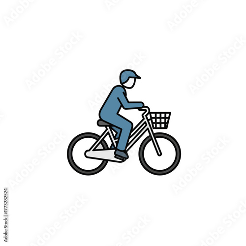 Person riding a bicycle with a basket, simple line art illustration.