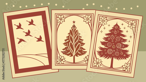 Vintage Christmas Cards Collection with Stylized Evergreen Trees, Flying Geese, and Ornate Borders; Festive Retro Holiday Greeting Illustrations