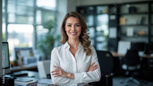 Happy elegant older mature lady posing for portrait standing in office. Beautiful middle aged business woman looking at camera, smiling 45 years old businesswoman leader executive at work