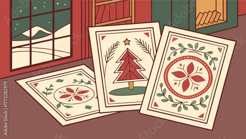 Cozy Winter Holiday Illustration: Festive Christmas Cards with Folk Art Designs on Floor by Snowy Window and Fireplace