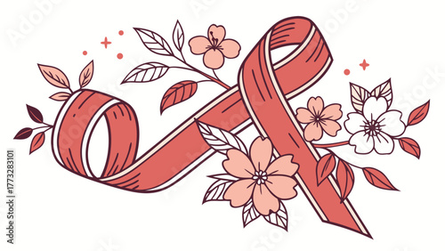 Elegant Pink Ribbon with Floral Design for Breast Cancer Awareness and Support Illustration