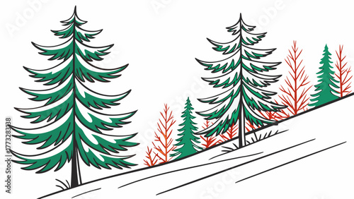 Simple Vector Illustration of Winter Forest Landscape with Snow-Covered Evergreen Trees on a Hillside