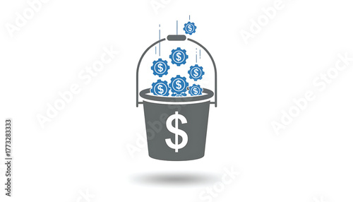 Vector illustration of bucket with money coins. Icon of revenue. Symbol of investments and profits