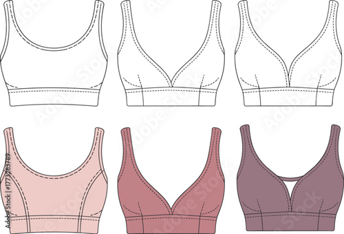 Women’s sports bra collection, CAD fashion drawing, flat vector illustration, garment template, stylish clothing design, editable outline, activewear apparel