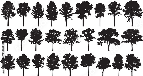Collection of diverse tree silhouettes in various shapes and sizes against a white background