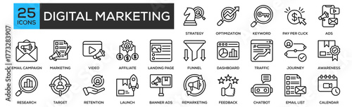 Digital Marketing icon collection set. Containing Design Marketing Strategy, SEO Optimization, Keyword Research, Pay Per Click, Social Media Ads