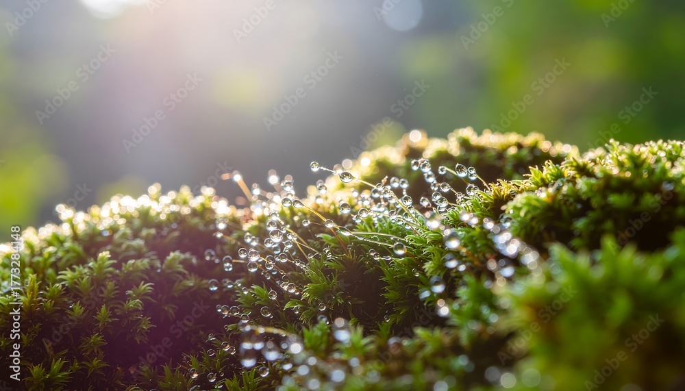 Obraz premium Close-up of moss with water droplets, illuminated by sunlight. Capturing the beauty of nature