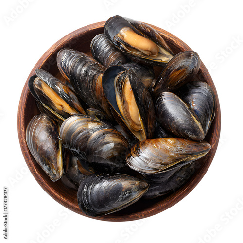 Fresh mussels in a bowl, top view. Delicious seafood appetizer or cooking ingredient, isolated on a black background.