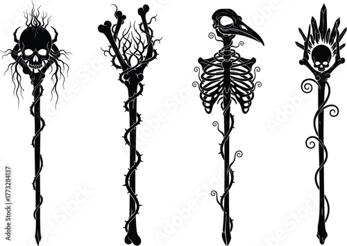 Fantasy magic staff icons, skull wand, necromancer weapon, gothic design, dark sorcery, cursed artifact, occult symbol, black white, cad drawing flat vector illustration