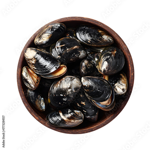 Fresh mussels in a bowl, top view. Delicious seafood appetizer or cooking ingredient, isolated on a black background.