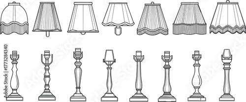 Принти на полотні Table lamp design icons, lampshade styles, decorative bases, interior lighting,