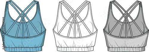 Women’s sports bra flat sketch, CAD drawing, crisscross back straps, elastic band, activewear template, vector garment design, technical fashion illustration