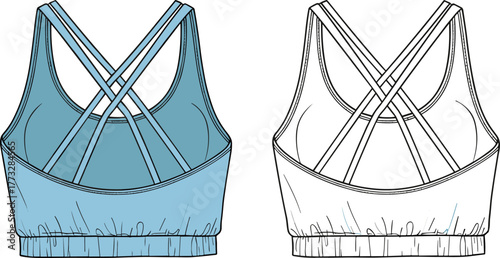Women’s sports bra flat sketch, CAD drawing, racerback crisscross straps, elastic band, activewear template, vector garment design, technical fashion illustration