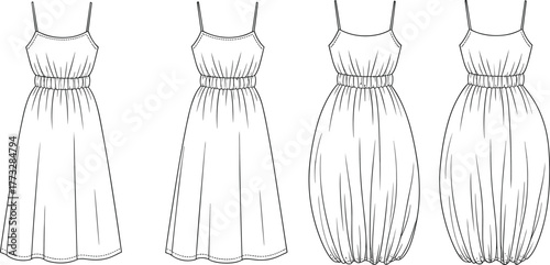 Women’s summer dress flat sketch, CAD fashion drawing, sleeveless midi dress design, vector clothing template, apparel technical illustration, garment mockup