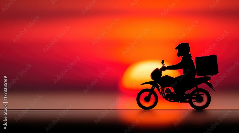 Fototapeta premium A silhouette of a motorcyclist riding against a vibrant orange sunset background, creating a striking and dynamic scene.