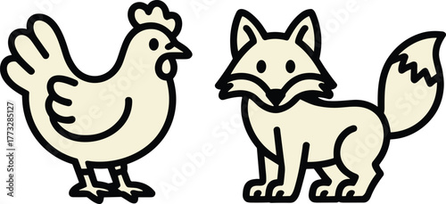 Minimalist Cartoon Chicken and Fox Duo with Thick Outline Vector Illustration for Kids and Mascot Design