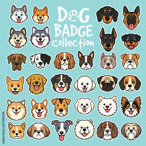 A playful Dogs Badge Vector Collection featuring various dog breeds in cute, modern line art style. Perfect for stickers, branding, apparel design, and pet-themed projects. Provided in EPS format for 