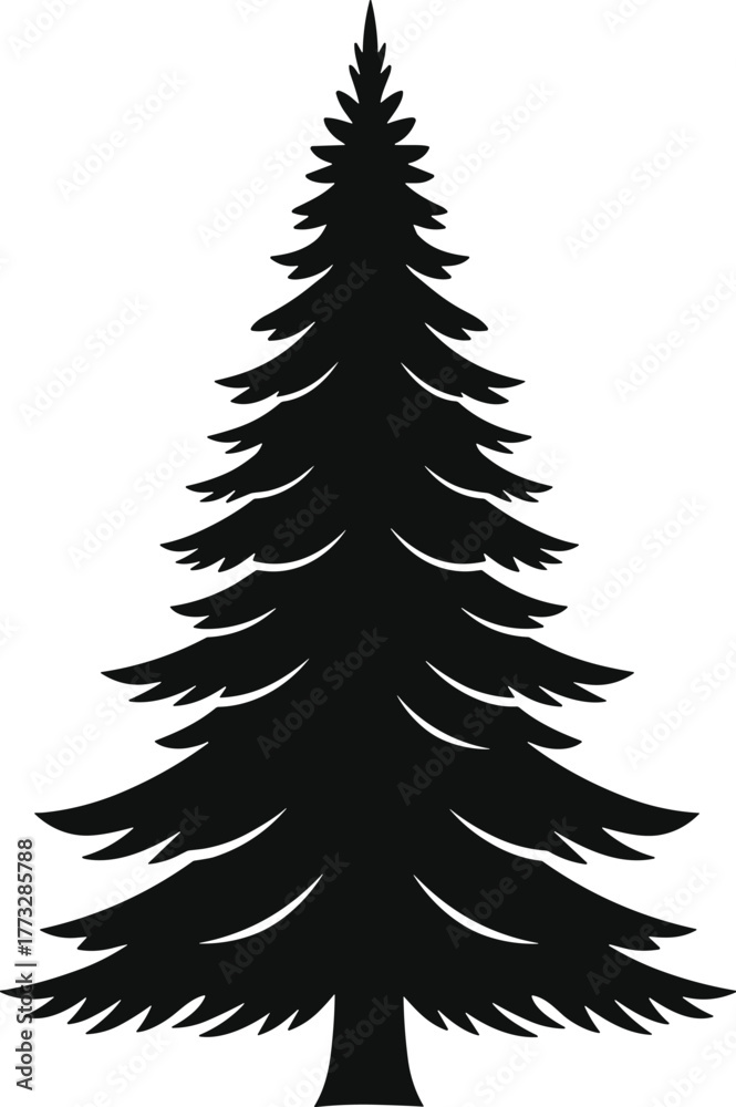 Naklejka premium PrintBlack pine tree silhouette, evergreen graphic design, winter nature symbol, holiday decoration element, stylized fir tree, minimal forest art