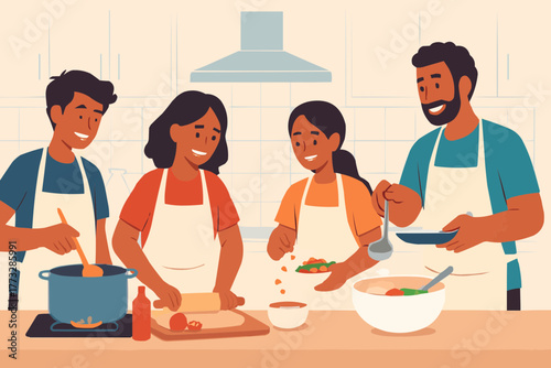 Flat vector of family cooking together in kitchen, teamwork and smiles