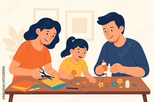 Vector of family doing DIY craft project together at home, creativity and teamwork