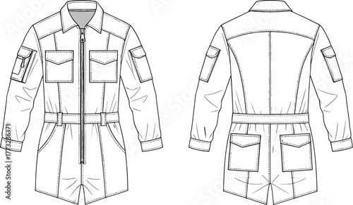 Women’s utility jumpsuit flat sketch, long sleeve zip front romper technical drawing, cargo pocket belted overall fashion vector template