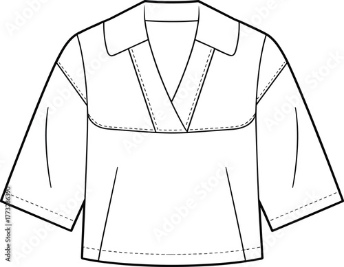 omen’s V neck top technical flat sketch, wide collar with yoke seam, elbow sleeves, center pleat detail, cad drawing vector illustration