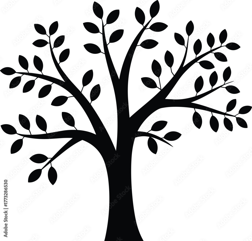 Obraz premium PrintBlack silhouette tree with leaves isolated on white background, nature illustration, eco design element, vector plant graphic art, environment concept