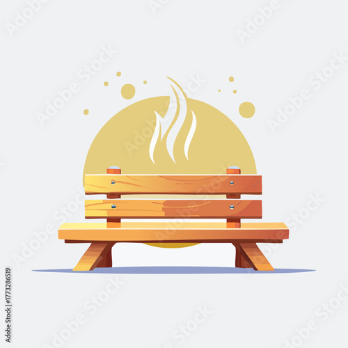 Wooden Bench with Steam and Sun Icon.
