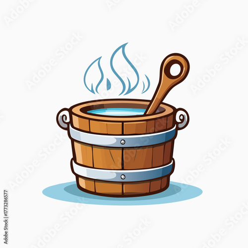 Wooden bucket with hot water and steam rising with a wooden ladle.