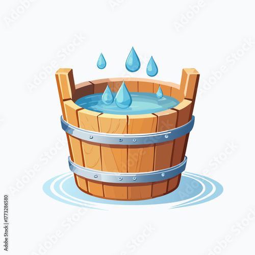 Wooden bucket overflowing with clear blue water and dripping droplets.
