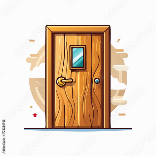 Wooden Door with Window and Handle Illustration.