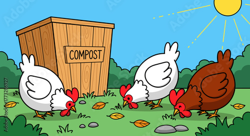Chickens pecking near compost bin