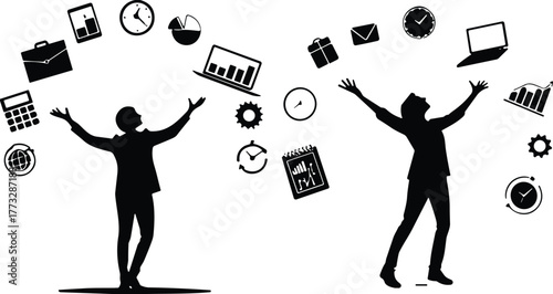 PrintBusiness multitasking concept, productivity icons, time management, silhouetted figures, workflow balance, digital tools, professional efficiency, career success, global strategy, teamwork