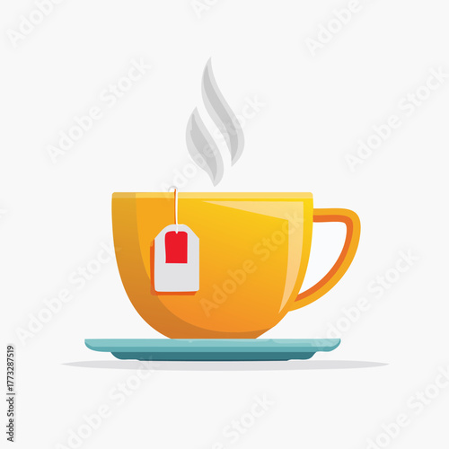 Yellow teacup with a teabag and steam on a saucer.