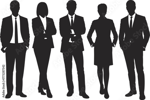PBusiness professional silhouettes, corporate attire, confident posture, teamwork concept, formal clothing, leadership symbol, office culture, vector design, minimal stylerint