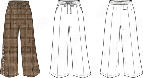Women’s wide leg pants flat sketch, CAD drawing, elastic waistband, drawstring, plaid fabric, vector template, garment design, technical fashion illustration