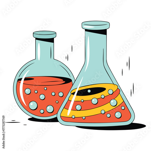 Chemical beakers with liquid semi flat color vector item realistic object on white supplies for scientific experiment modern cartoon style illustration for graphic design