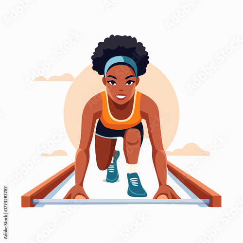 Young Black Woman Athlete Ready to Sprint on Track.