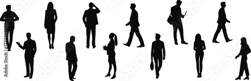 PrintBusiness silhouettes, corporate professionals, walking poses, standing figures, teamwork concept, office attire, communication, mobile usage, diversity, workplace behavior