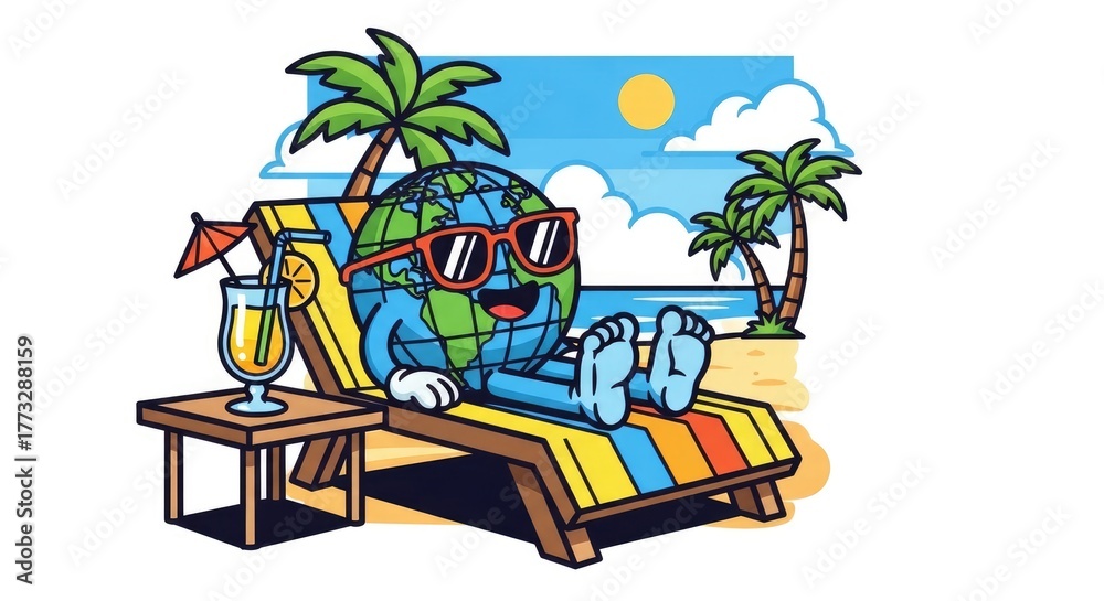 Obraz premium Happy Earth Globe Relaxing on Beach Chair with Cocktail.