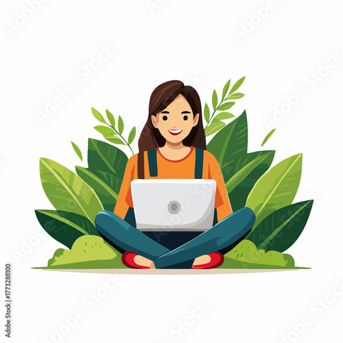 Young Woman Working on Laptop Surrounded by Lush Greenery.