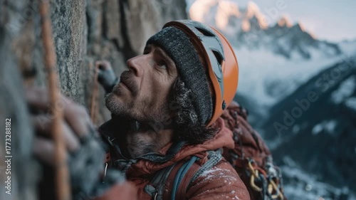 Intense Male Climber Scaling Rocky Cliffside Surrounded by Majestic Snow-Capped Mountains in Beautiful Natural Landscape During Adventurous Expedition