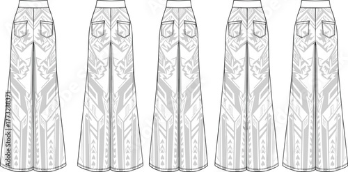 Women’s wide leg printed pants flat sketch, tribal patterned flared trousers back view, fashion vector template technical drawing design