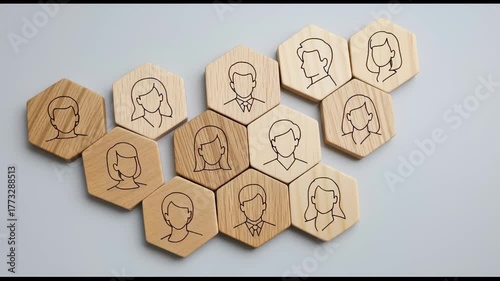 Recruitment teamwork leadership and collaboration concept with wooden hexagon shapes featuring diverse human profiles and icons, highlighting strong