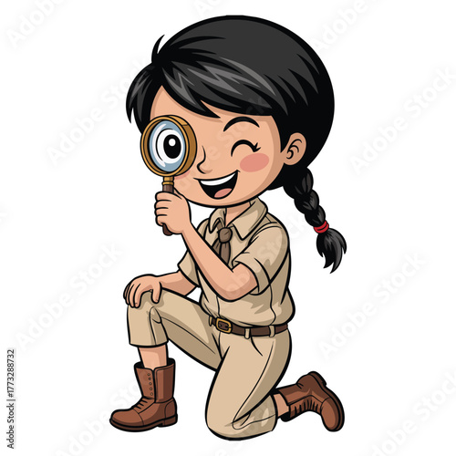 Girl with magnifying glass vector illustration isolated on white background perfect for exploration detective investigation learning or educational themed artwork