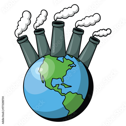 Global warming theme illustration with earth and factory isolated on white background perfect for climate change awareness environment education and pollution design