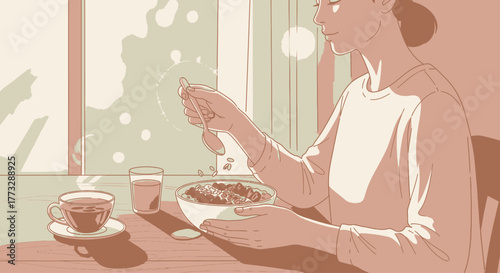 Illustration of a woman eating breakfast at a table by a window, with a bowl of cereal, a cup of tea, and a glass of water.