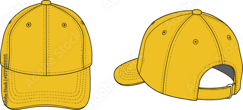 Yellow baseball cap front and back view, sports hat design, adjustable strap, curved brim, detailed stitching, cad drawing flat vector illustration