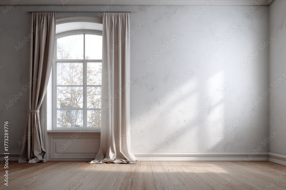 Fototapeta premium Sunlight streams through a tall arched window with beige curtains into an empty room.
