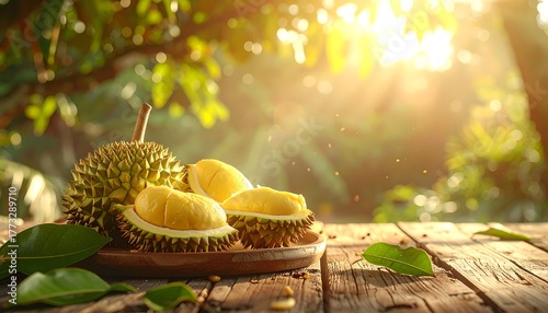 A close-up shot of durian fruit with open segments on a wooden surface, bathed in sunlight.